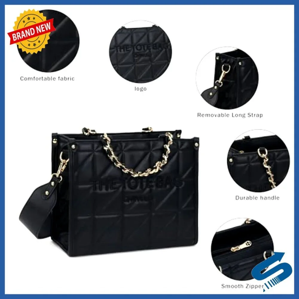 Quilted Tote Bag Elegant Retro Minimal Chic Top Handle Detachable Shoulder Strap - Picture 4 of 6